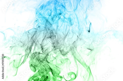 Abstract green and blue smoke on white background, Light blue background,green and blue ink background