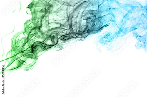 Abstract green and blue smoke on white background, Light blue background,green and blue ink background