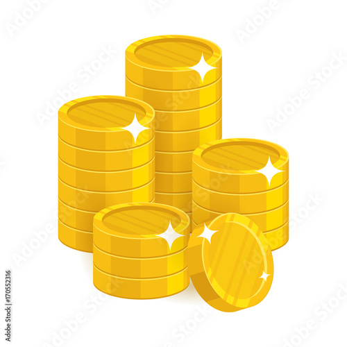 Stack gold coins isolated cartoon. Bunches of gold coins for designers and illustrators. Gold stacks of pieces in the form of a vector illustration