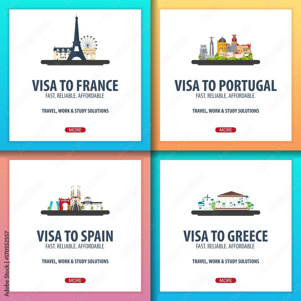 Naklejka premium Visa to France, Portugal, Spain, Greece. Document for travel. Visa application centre.