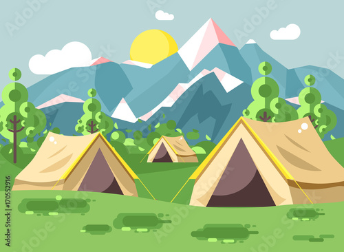 Vector illustration cartoon nature national park landscape with three tents camping hiking rules of survival bushes, lawn, trees, daytime sunny day, outdoor background of mountains in flat style