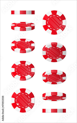 Red chips views cartoon style isolated. The blue chips are at different angles around its axis for designers and illustrators. Rotation of bets in the form of a vector illustration