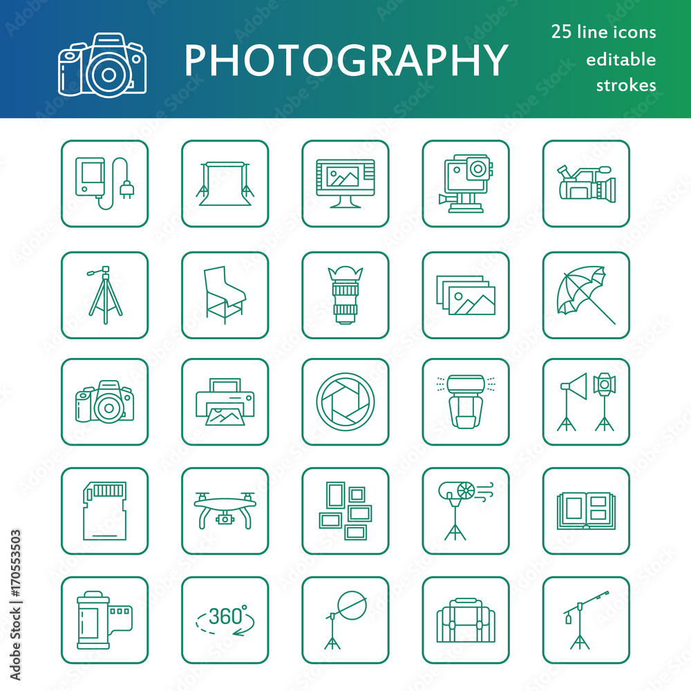 Photography equipment flat line icons. Digital camera, photos, lighting, video cameras, photo accessories, memory card, tripod lens film. Vector illustration, signs for photo studio or store.
