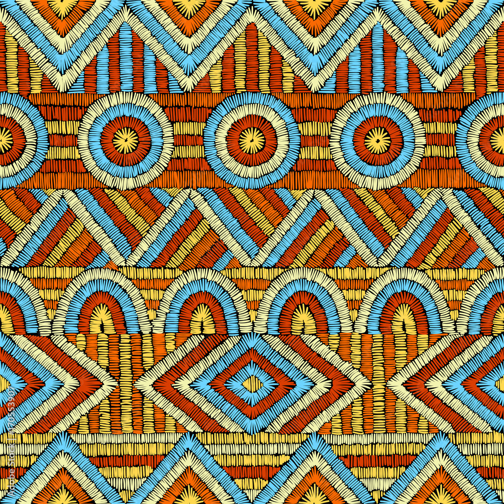 Fototapeta premium Embroidery - seamless ornament. Colored lines on a black background. Handmade. Ethnic and tribal motifs. Print in the bohemian style. Vector illustration.