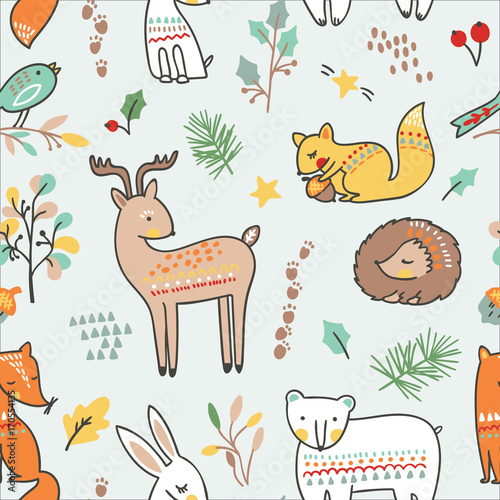 Cute animalistic seamless pattern. Vector illustration. with fox, bear, rabbit, hedgehog, elk, deer, squirell and a little bird in a forest.