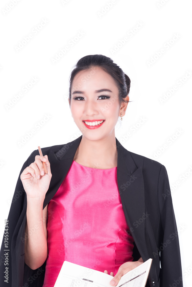 Portrait of young beautiful attractive asian women smiling with pencile and note .She wear pink casual and suit isolated on white in studio. Portrait of young beautiful attractive asian women smiling with pencile and note .She wear pink casual and suit isolated on white in studio.