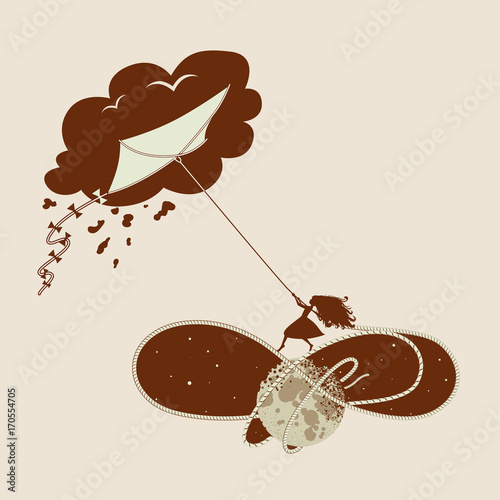 Silhouette of girl holding kite standing on rope wrapped around Moon