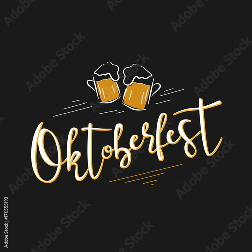 Vector illustration of Oktoberfest label. Oktoberfest celebration design on black background. Lettering typography. Hand sketched Oktoberfest icon. Beer festival decoration