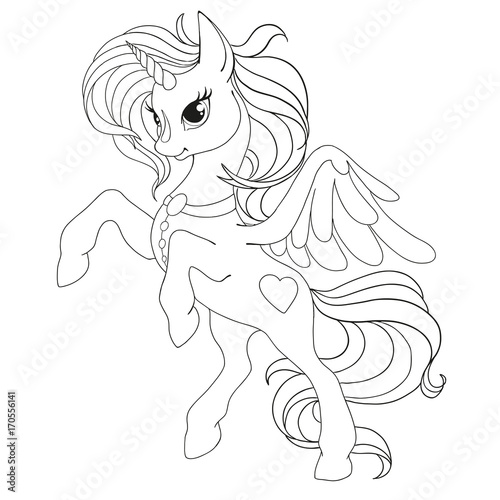 Coloring book page. The unicorn is fabulous. A horse with wings. Vector illustration isolated.