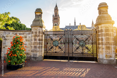 Sunset view on the gates and Peace palace the seat of international law in Haag city, Netherlands