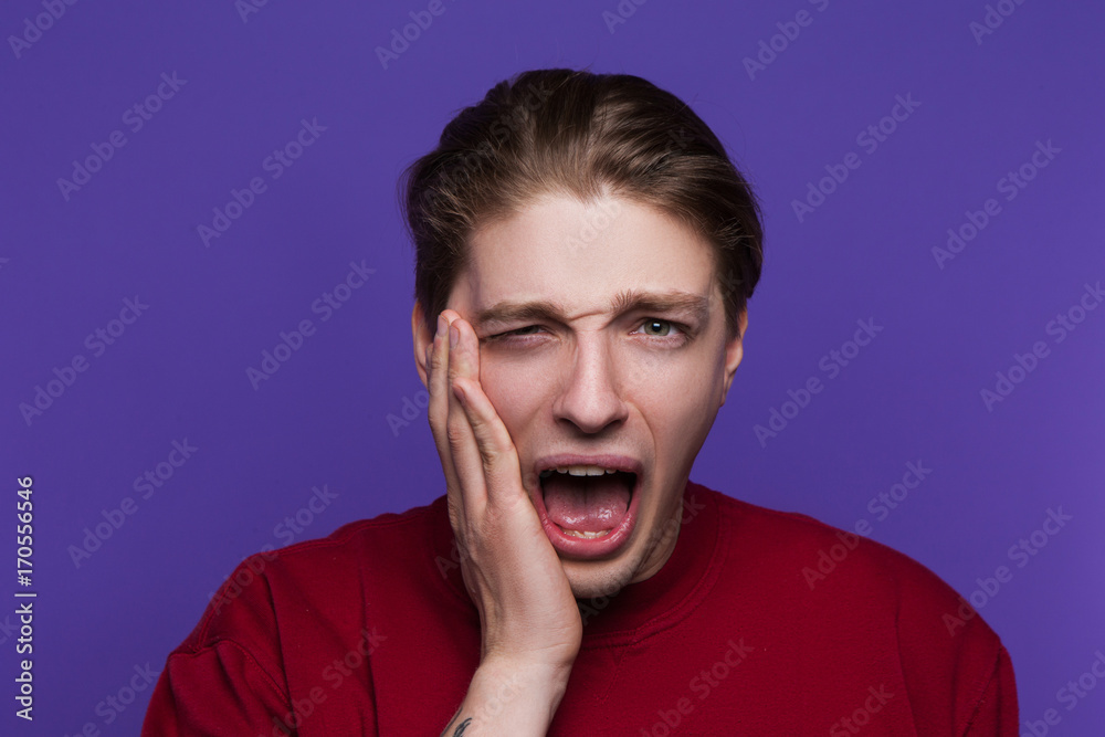 Young man got slap in face. Awkward seduction. Bad break up, male embarrassing flirt, insult concept Young man got slap in face. Awkward seduction. Bad break up, male embarrassing flirt, insult concept