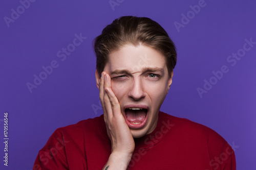 Young man got slap in face. Awkward seduction. Bad break up, male embarrassing flirt, insult concept