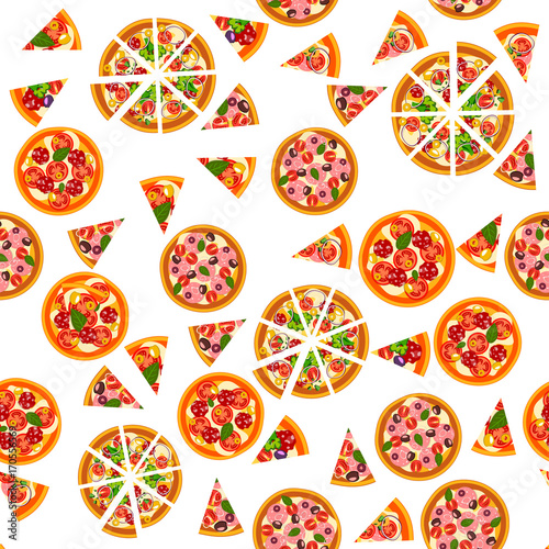 Pizza seamless pattern. Different pizza background