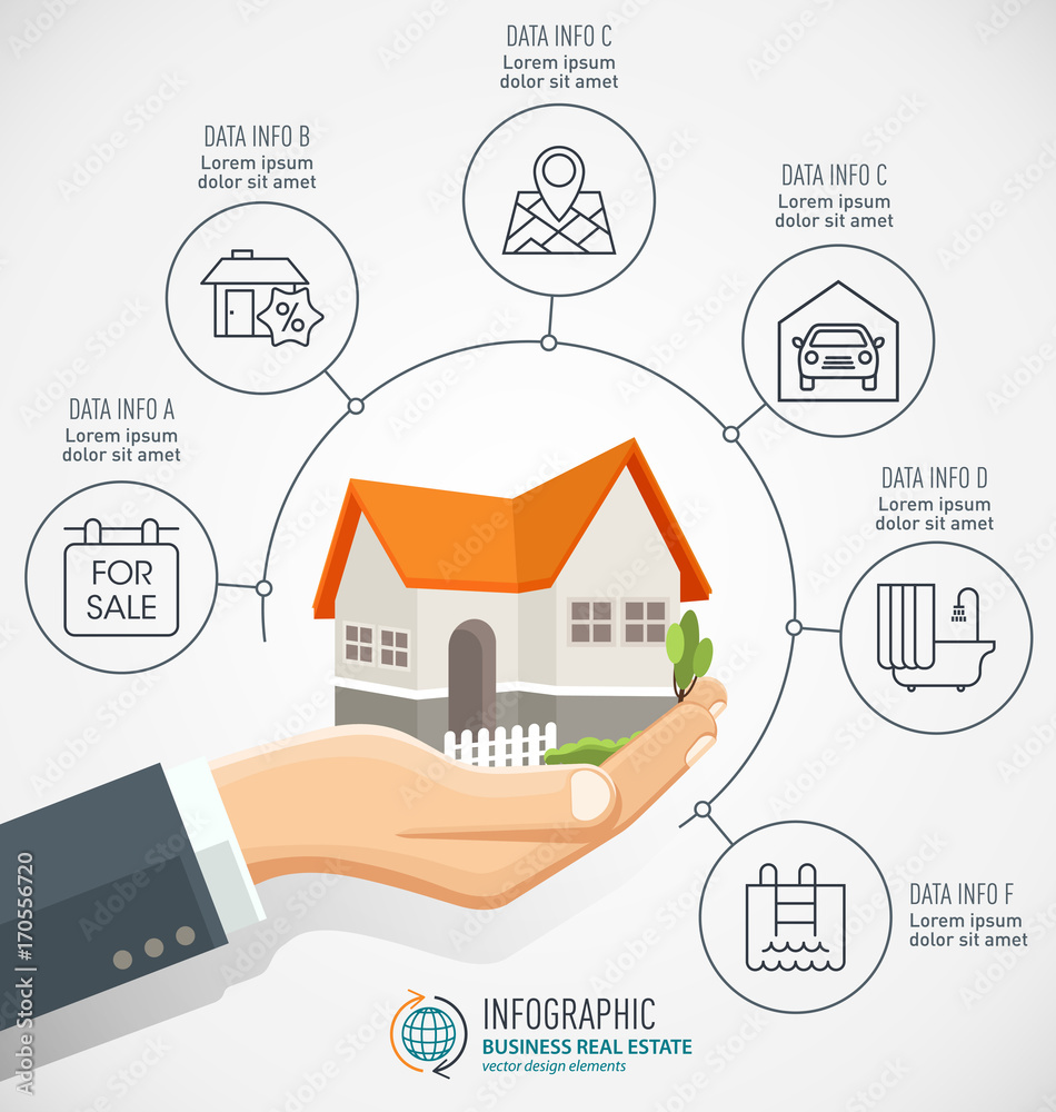 Businessman holding a house. Real Estate business Infographic with icons. Vector flat style concept design illustration. Businessman holding a house. Real Estate business Infographic with icons. Vector flat style concept design illustration.