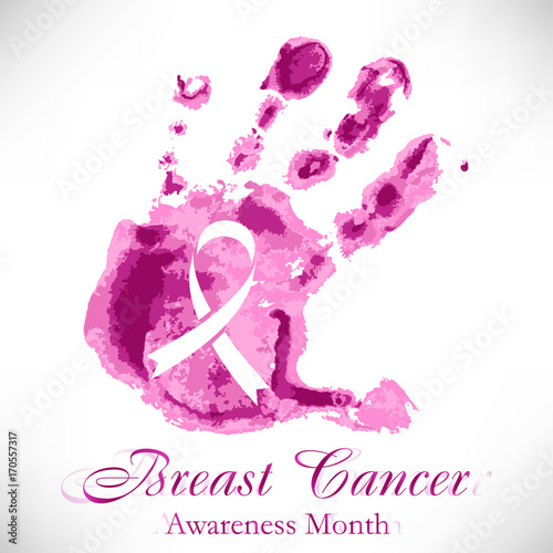 Shape of pink hand with ribbon inside in watercolor style on white background. National Breast Cancer Awareness Month. Vector illustration