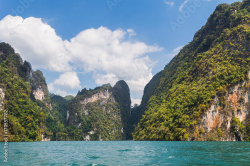 Beautiful mountains lake river sky and natural attractions in Ratchaprapha Dam at Khao Sok National Park, Surat Thani Province, Thailand
