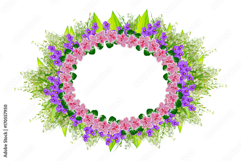 Flower frame and colorful spring flowers.