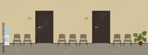 Waiting hall in a beige color. Corridor. There are brown chairs, a water cooler, a big flower near the door in the picture. Vector flat illustration.