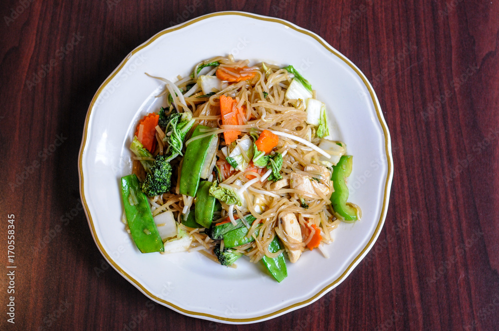 Veggie Noodle, Stir-fried thin rice noodles, bean sprouts, broccoli, carrots, baby corn, peapods, napa and sweet basil leaves. Veggie Noodle, Stir-fried thin rice noodles, bean sprouts, broccoli, carrots, baby corn, peapods, napa and sweet basil leaves.