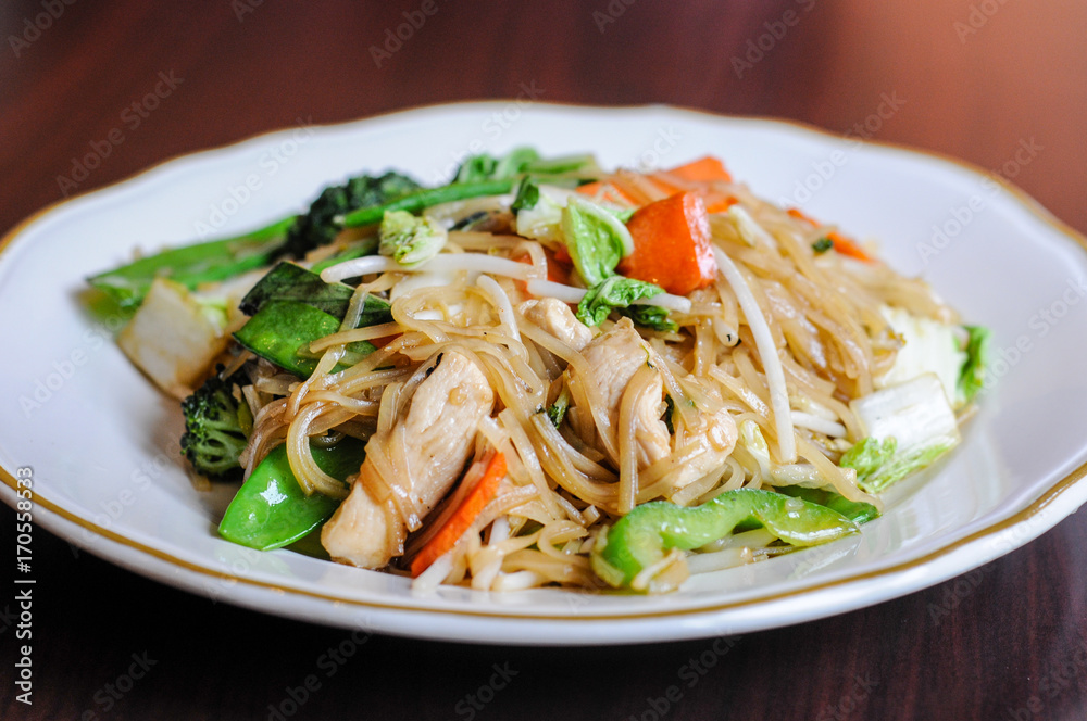 Veggie Noodle, Stir-fried thin rice noodles, bean sprouts, broccoli, carrots, baby corn, peapods, napa and sweet basil leaves. Veggie Noodle, Stir-fried thin rice noodles, bean sprouts, broccoli, carrots, baby corn, peapods, napa and sweet basil leaves.