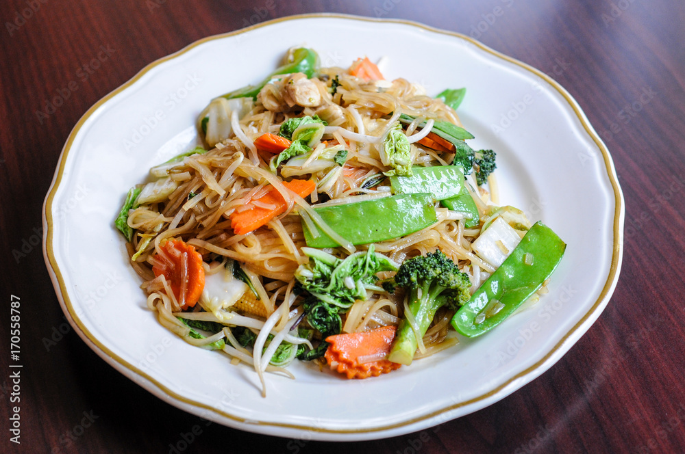 Veggie Noodle, Stir-fried thin rice noodles, bean sprouts, broccoli, carrots, baby corn, peapods, napa and sweet basil leaves. Veggie Noodle, Stir-fried thin rice noodles, bean sprouts, broccoli, carrots, baby corn, peapods, napa and sweet basil leaves.