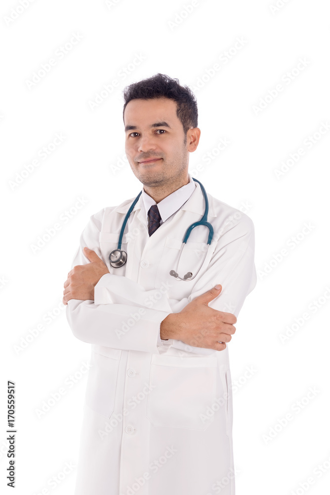 Smart male doctor. Confident young handsome man in shirt and tie carrying stethoscope on shoulders and looking at camera ,isolated on white background Smart male doctor. Confident young handsome man in shirt and tie carrying stethoscope on shoulders and looking at camera ,isolated on white background