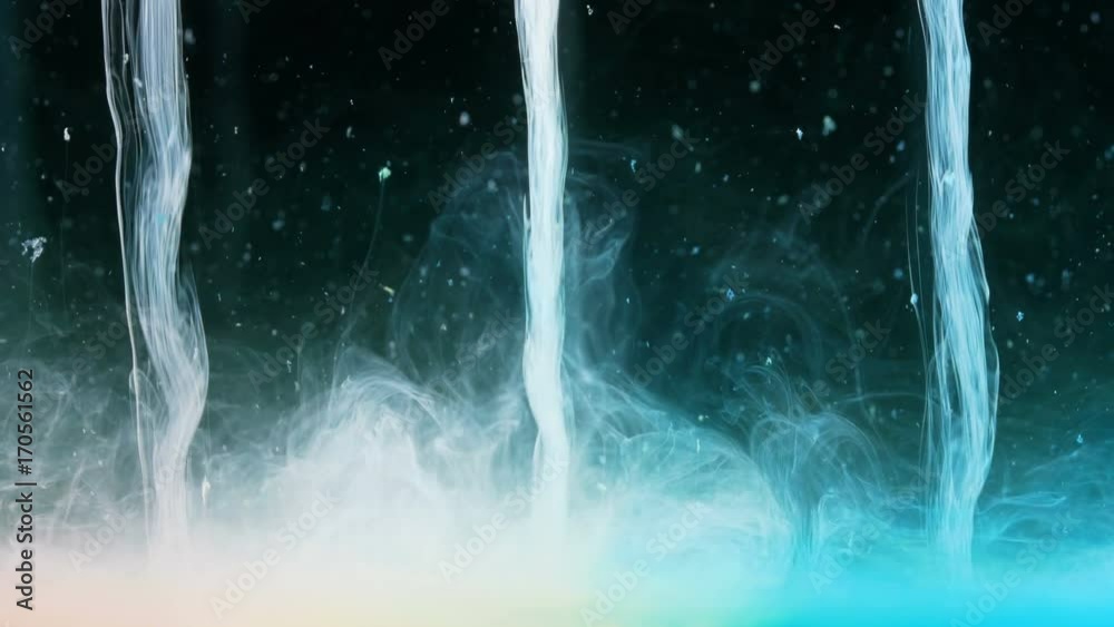 Three streams of fluorescent smoke flowing toward a dark cosmic surface like waterfalls abstract background