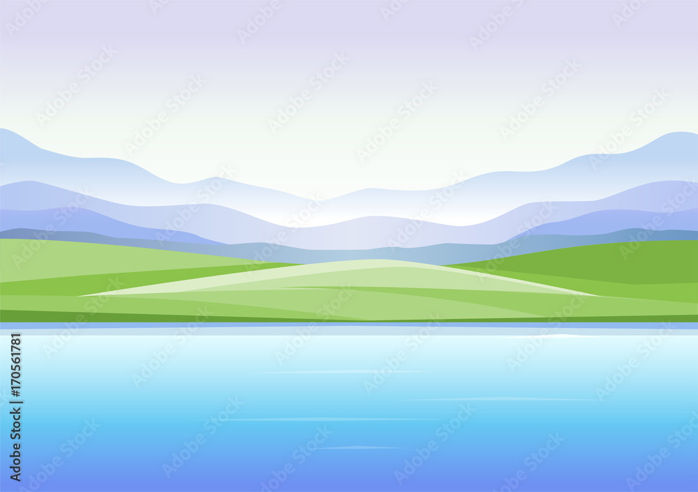 Abstract landscape with mountains and lake - modern vector illustration