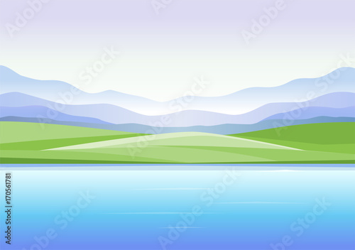Abstract landscape with mountains and lake - modern vector illustration