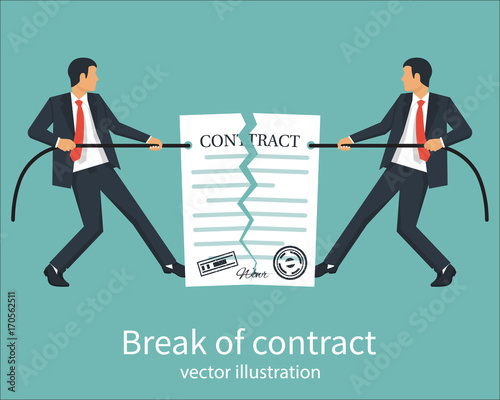 Break of a contract. Two businessmen pull rope, tearing contract. Vector illustration flat design. Isolated on background. Concept of disagreement. Business documents. End deal.
