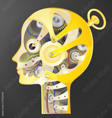 golden robot woman or man head on dark background,