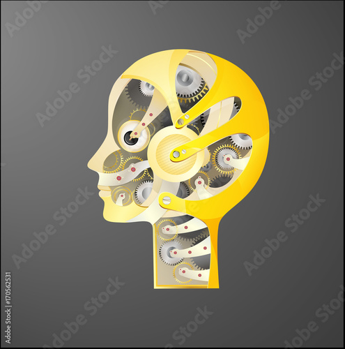 golden robot woman or man head on dark background,