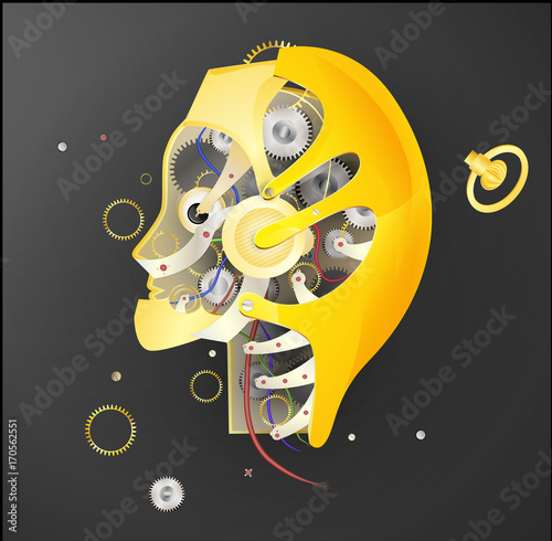 broken golden robot man head on dark background,