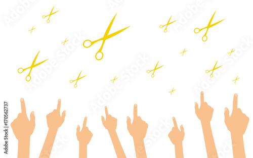 Hände zeigen auf Scheren