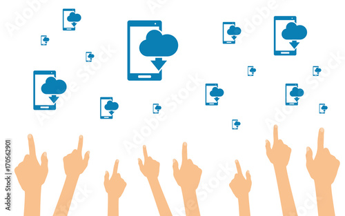 Hände zeigen auf Smartphones mit Wolken