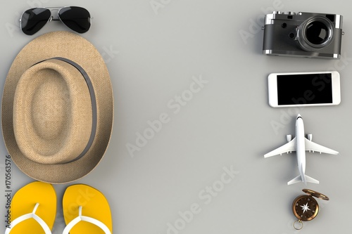 Top view of Traveler's accessories on gray table background, Essential vacation items, Travel concept, 3D rendering