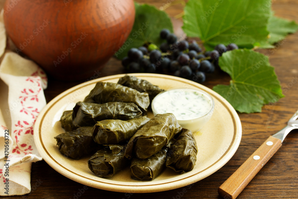 dolma stuffed with meat and rice leaves of grapes. dolma stuffed with meat and rice leaves of grapes.