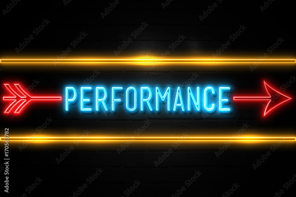 Performance - fluorescent Neon Sign on brickwall Front view Performance - fluorescent Neon Sign on brickwall Front view