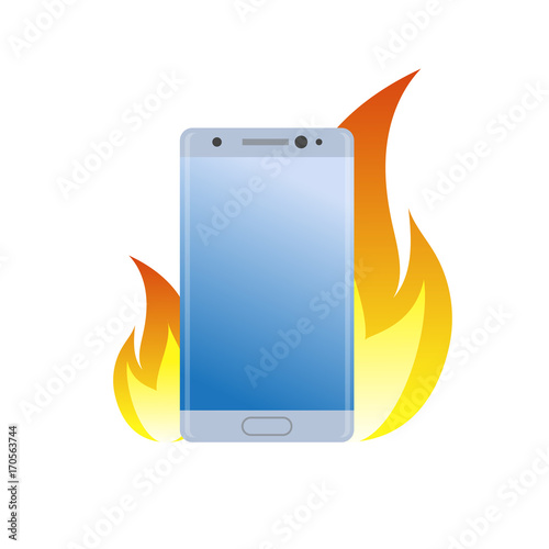 Modern smartphone under fire icon. Burn battery cell phone. Bad quality. Danger device simple gradient symbol.