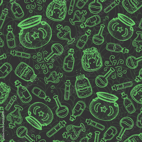 Vector hand drawn green alchemy bottles seamless pattern on the dark gray spider web background. Includes outline of potions, elixirs, vials and cauldrons. Halloween design.