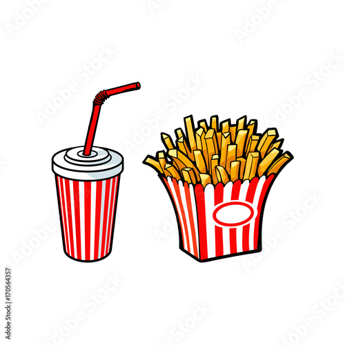 Vector sketch potato fry, french fries on striped red white paper box, soft cold drink disposable cup with straw and lid. Hand drawn cartoon isolated illustration on a white background.