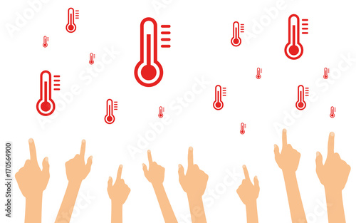 Hände zeigen auf Thermometer Hitze