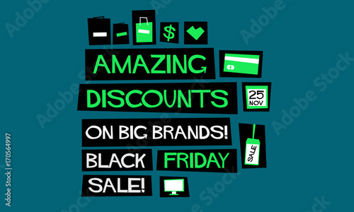 Amazing Discounts on Big Brands! Black Friday Sale!  (Flat Style Vector Illustration Poster Design) With Text Box and Location, Timings, and Payment Detail Template