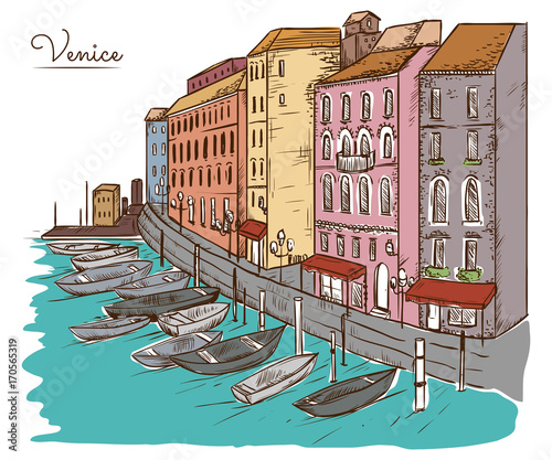 Venice. Cityscape with houses, canal and boats. Vintage vector illustration in sketch style