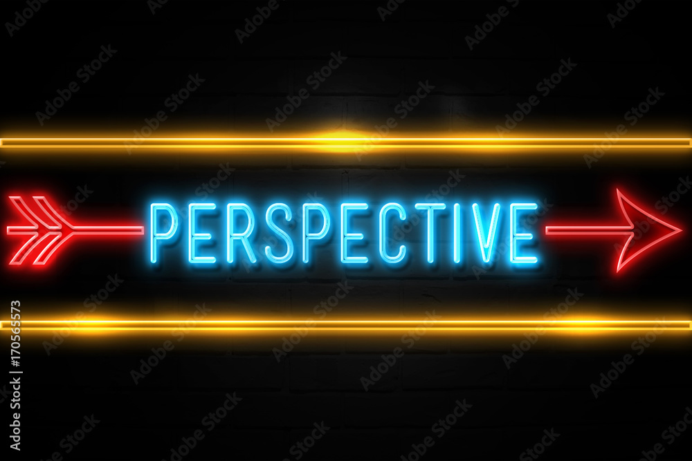 Perspective  - fluorescent Neon Sign on brickwall Front view