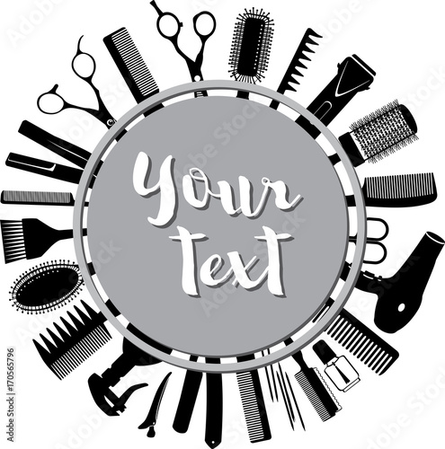 silhouettes of tools for the hairdresser in a circle
