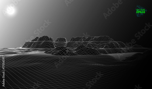Mountain landscape in the style of wire-frame. The cosmic landscape of another planet