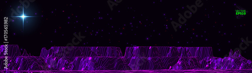 Mountain landscape in the style of wire-frame. The cosmic landscape of another planet