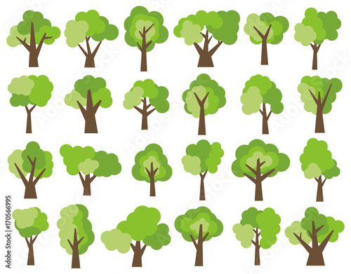 Set of twenty four different cartoon green trees isolated on white background. Vector illustration  