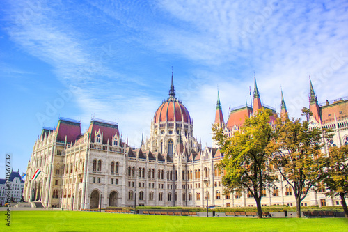 Beautiful view of the Hungarian Parliament from the square of Lajos Kosuta in front in Budapest, Hungary